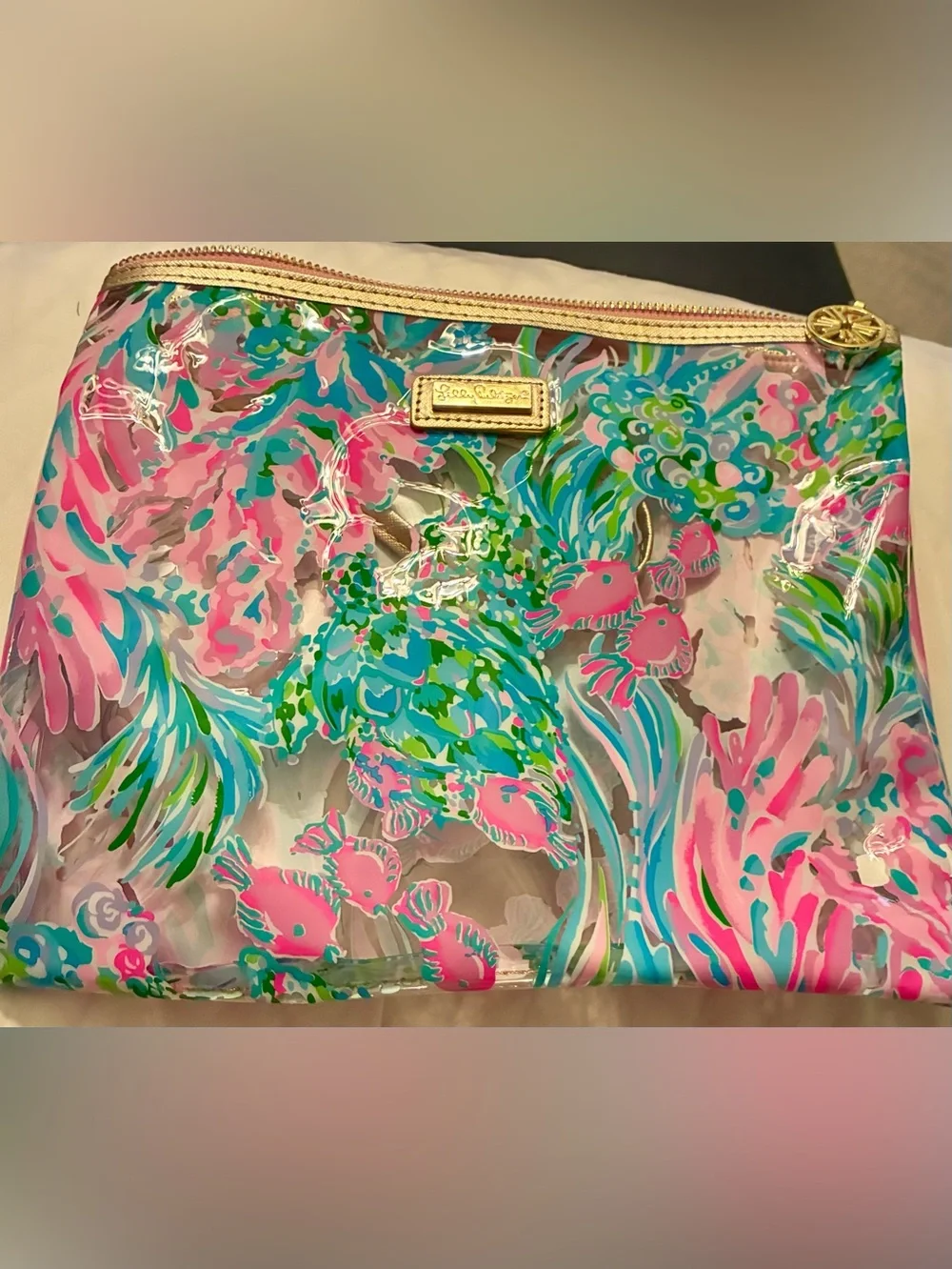 Lilly Pulitzer Pink Teal Floral Clear Beach Bag Set with Gold Trim - 5 pieces